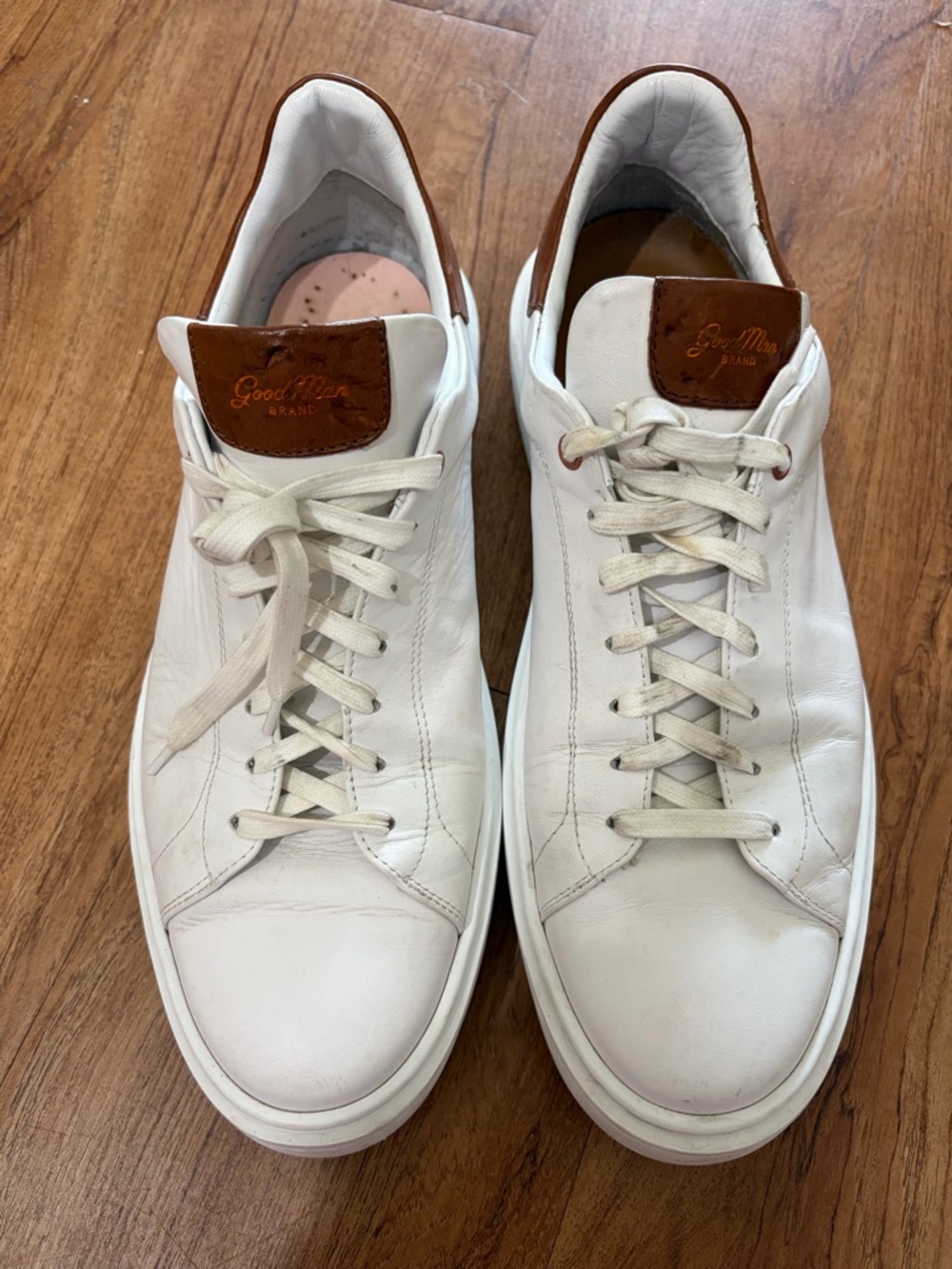 Good Man Brand White Leather Sneakers with Brown Leather Tongue